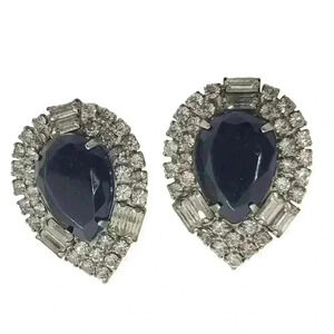 Vintage Earrings Big Black Teardrop & Clear Rhinestone Black & White Drama